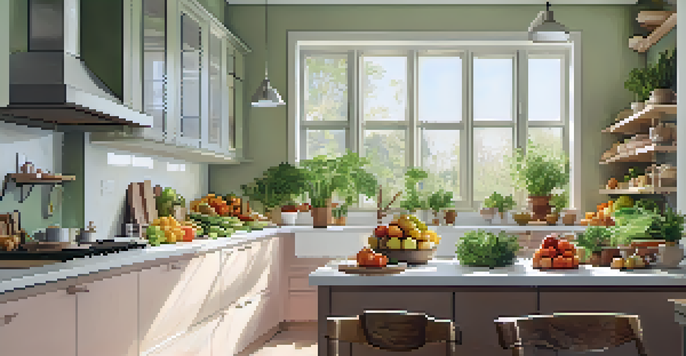 A modern kitchen filled with fresh fruits and vegetables, sunlight streaming through a window, and herbs on the windowsill.