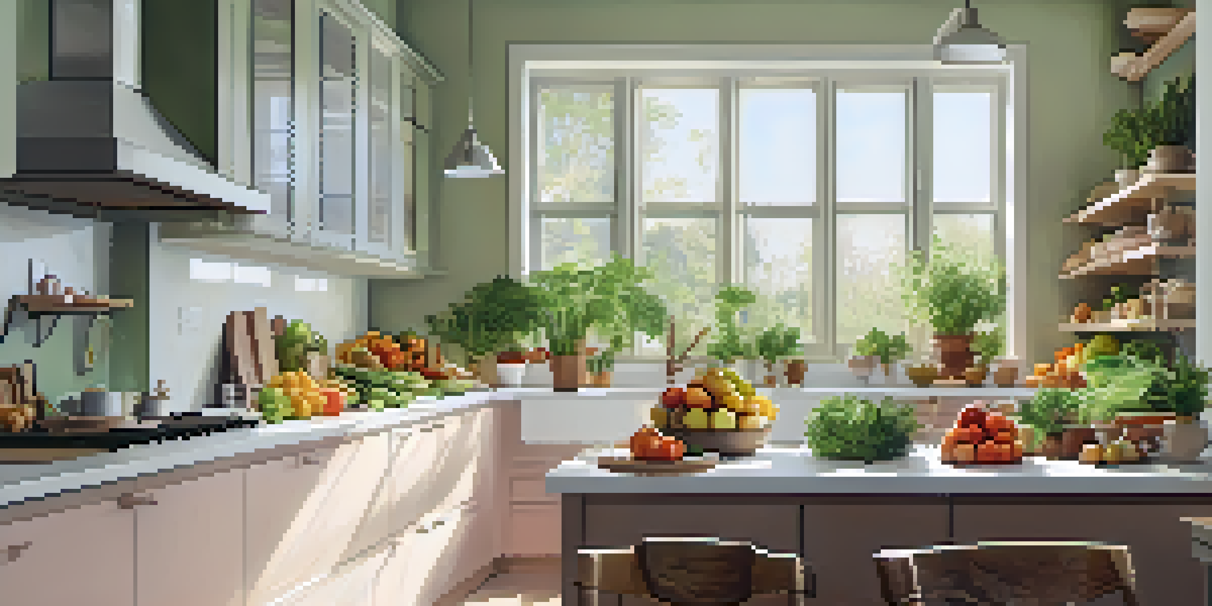 A modern kitchen filled with fresh fruits and vegetables, sunlight streaming through a window, and herbs on the windowsill.