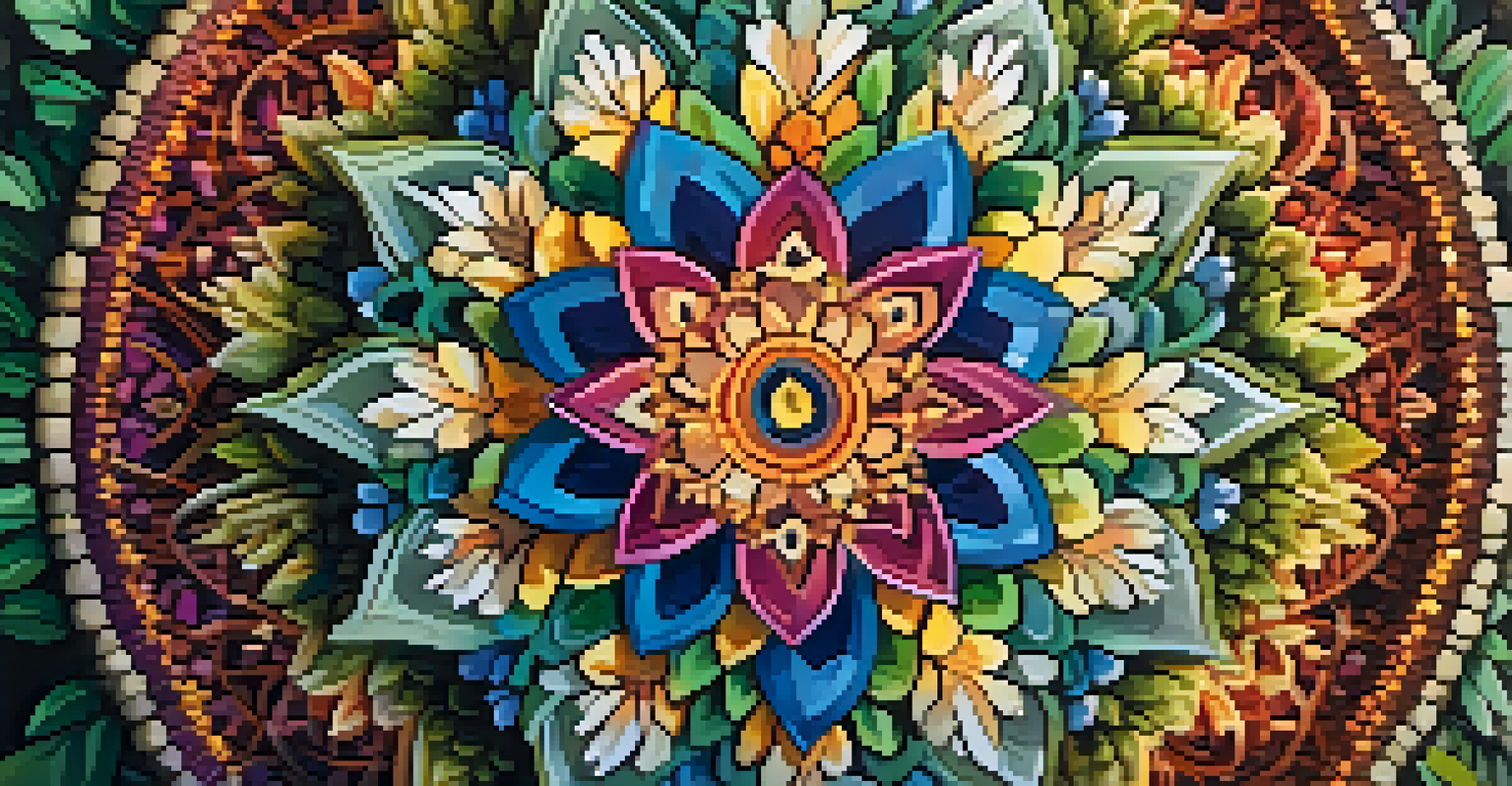 An intricate mandala made of flowers and leaves, set in a lush forest with sunlight filtering through the trees.