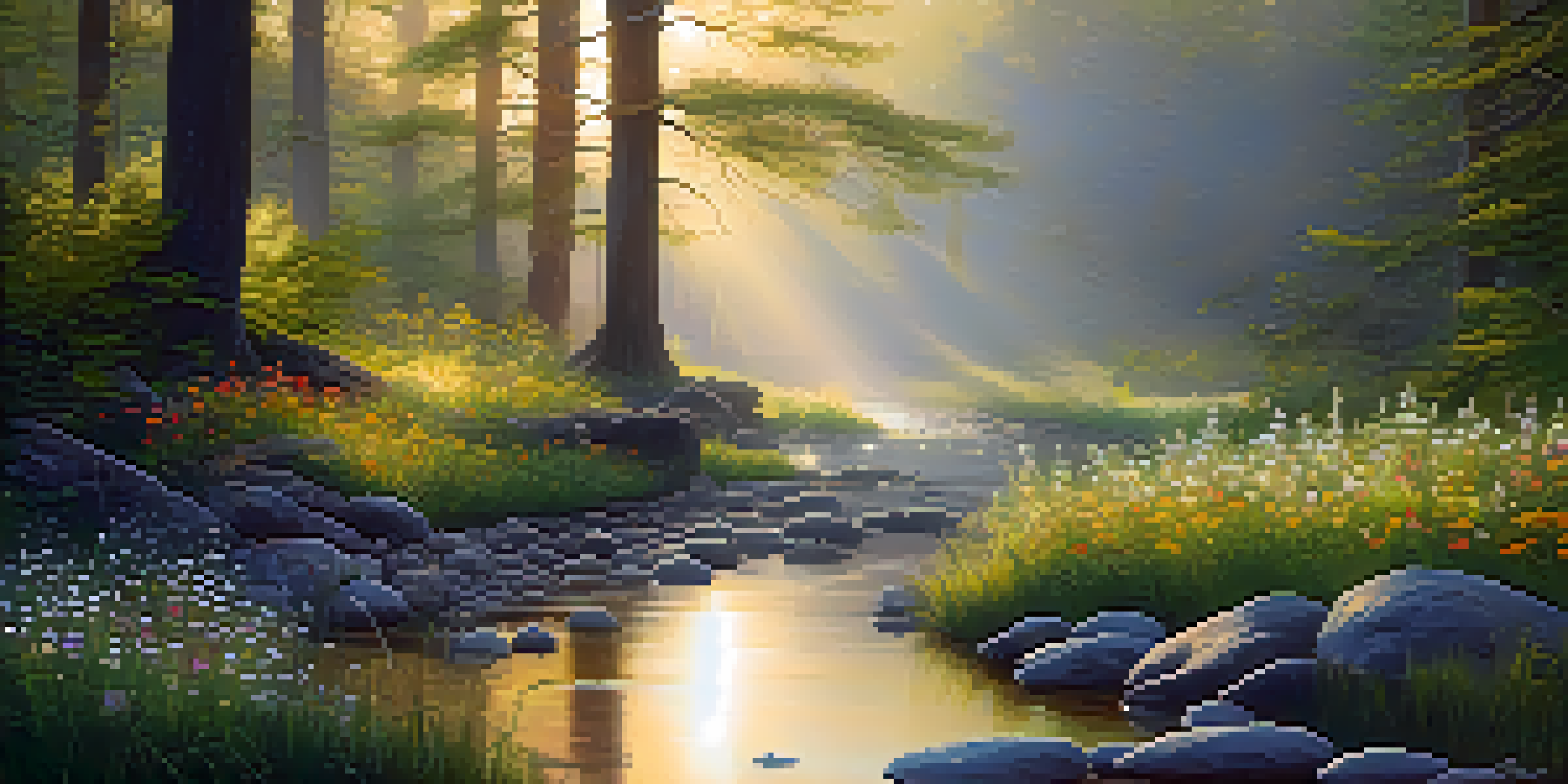 A peaceful forest landscape at dawn with sunlight filtering through trees and a gentle stream with wildflowers.