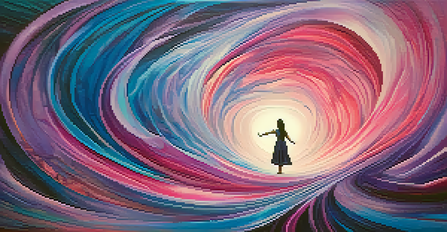 An abstract artwork depicting interconnectedness with vibrant colors swirling, featuring a silhouette of a person in the center symbolizing growth and transformation.
