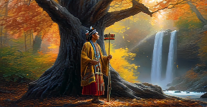 A shaman in traditional clothing stands in a peaceful forest with autumn leaves, holding a decorated staff while golden light shines through the trees.