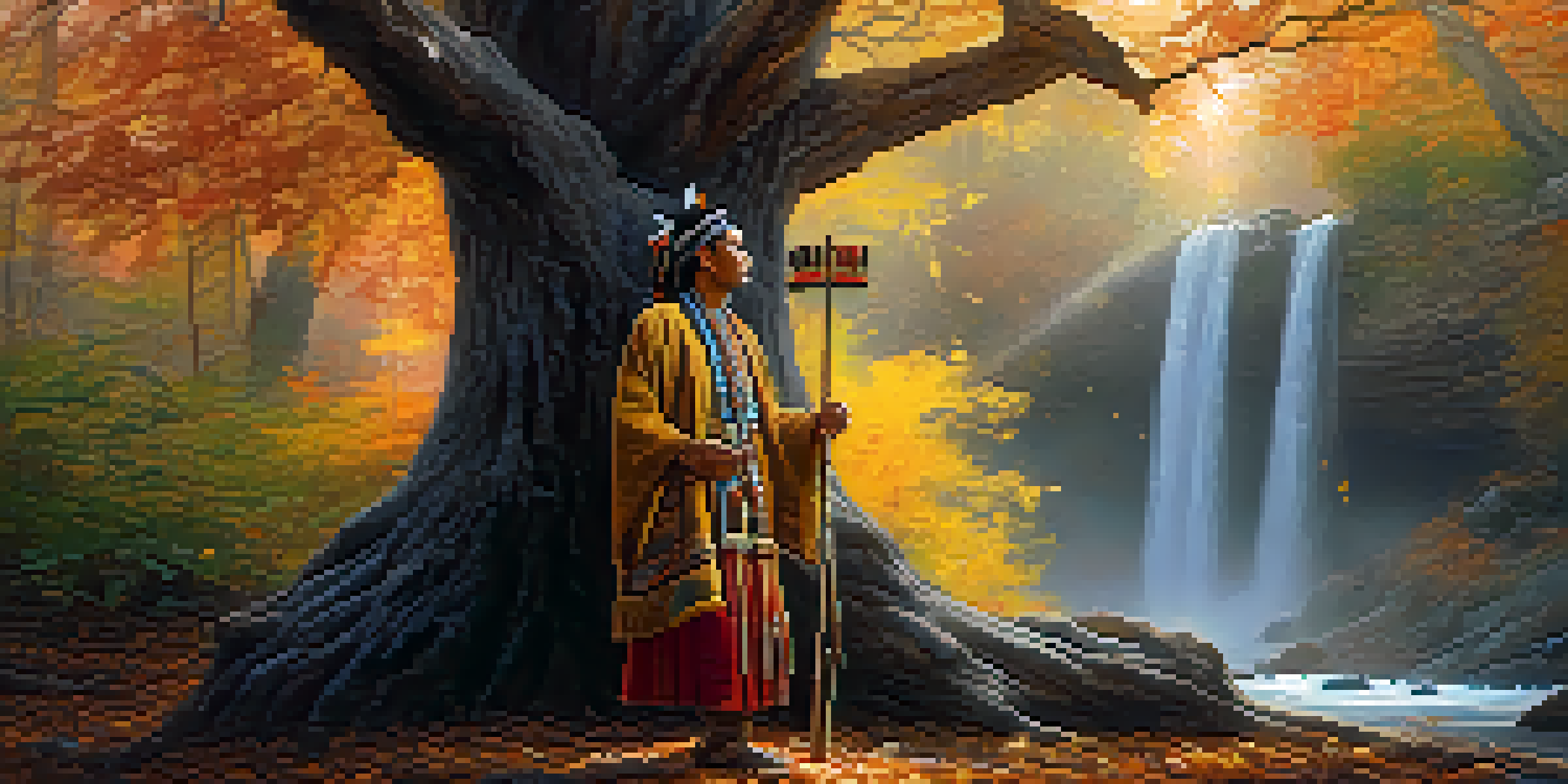 A shaman in traditional clothing stands in a peaceful forest with autumn leaves, holding a decorated staff while golden light shines through the trees.