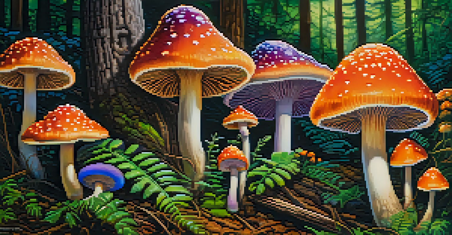 Colorful psychedelic mushrooms in a forest, showcasing vibrant colors and intricate textures, with a blurred background.