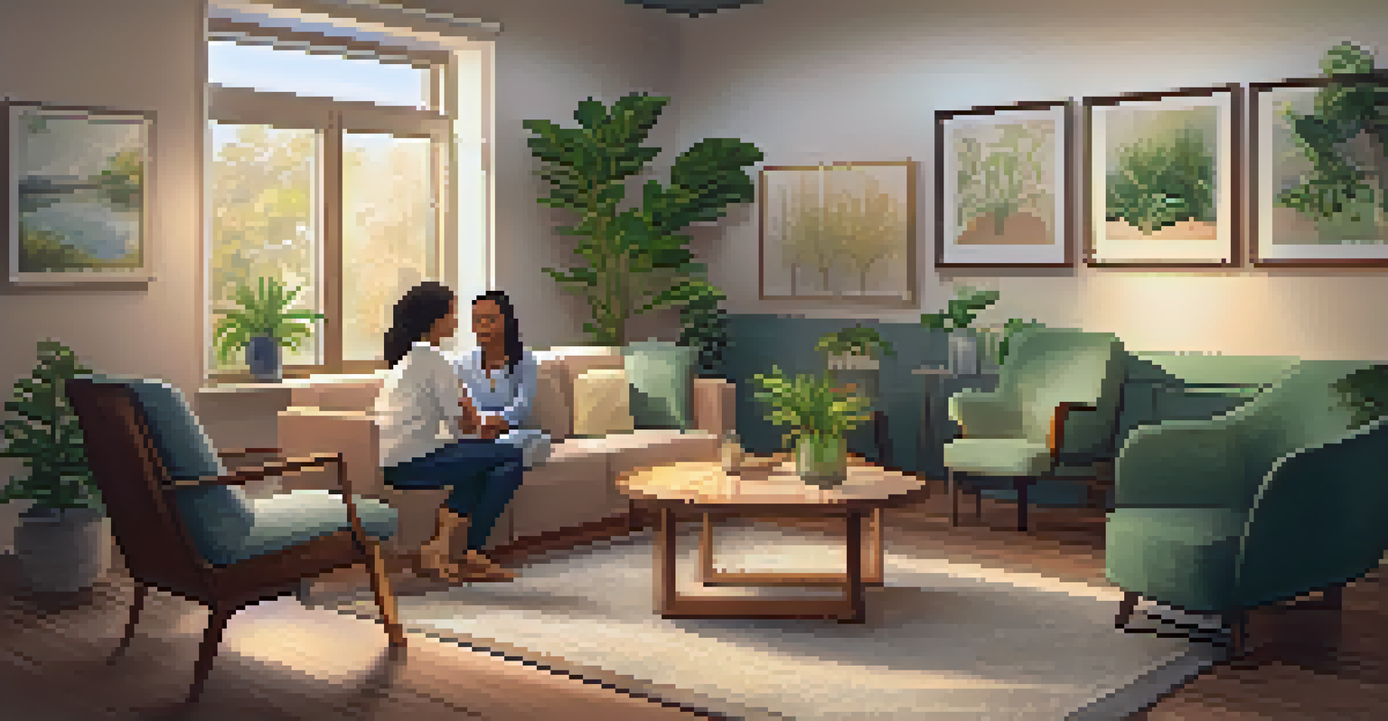 A warm and inviting therapy room with comfortable chairs, plants, and artwork, showing a therapist and client in a supportive conversation.