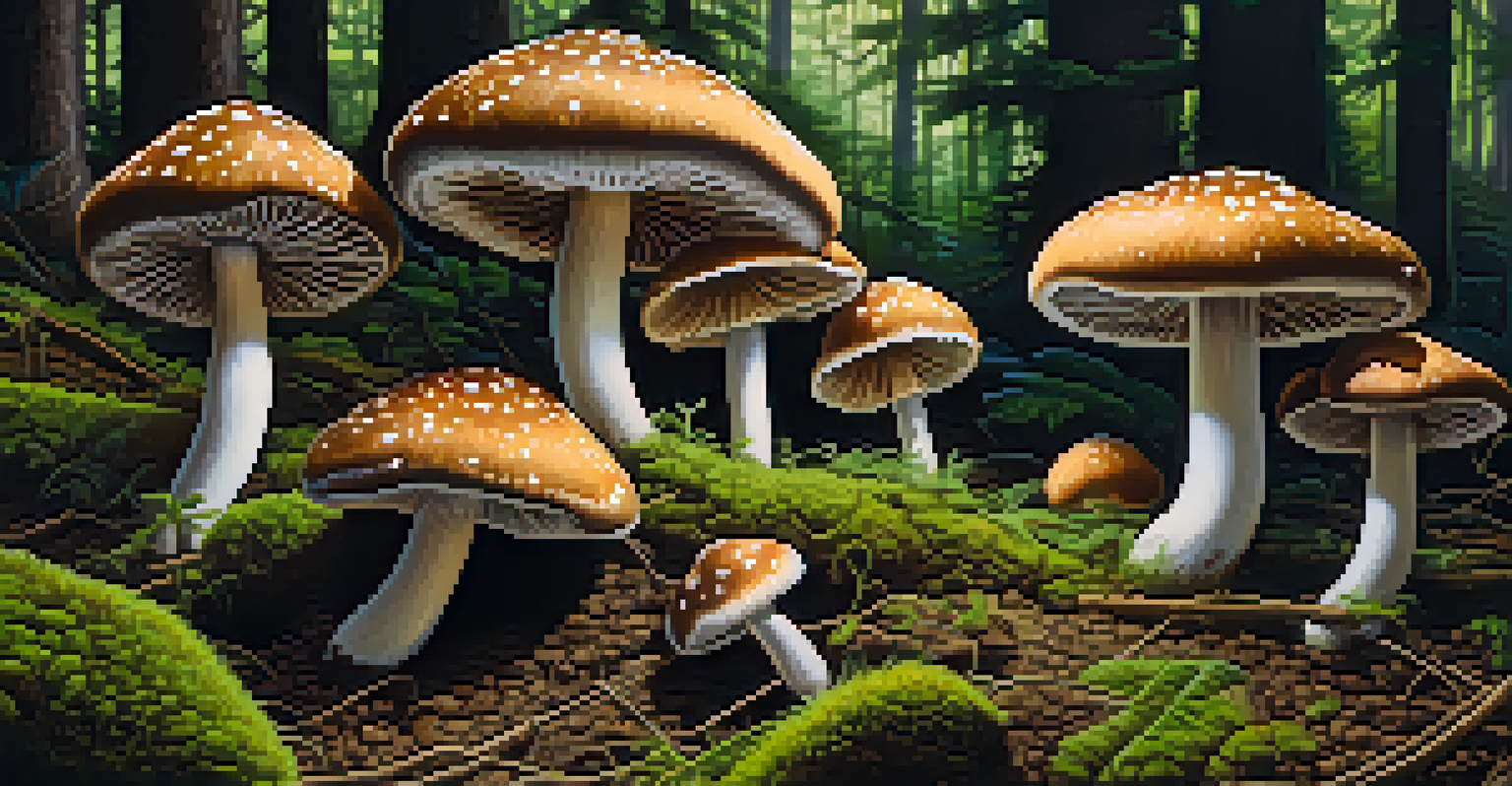 Close-up of colorful psilocybin mushrooms growing in a green forest with sunlight filtering through.
