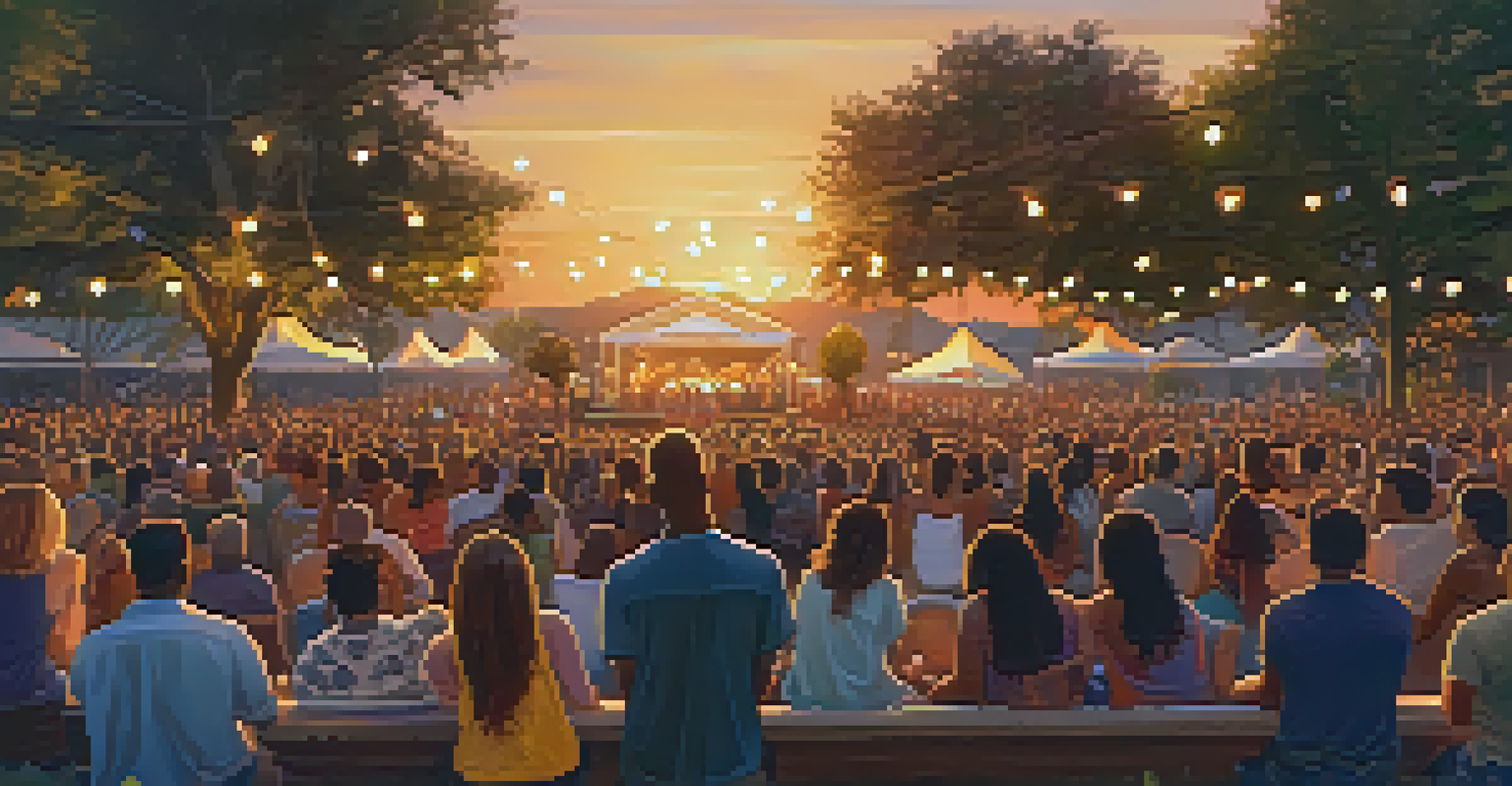 An outdoor concert at sunset with a diverse audience enjoying the music, surrounded by colorful lights and natural decorations.