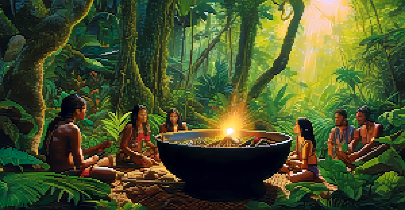 An Amazon rainforest scene with indigenous people preparing ayahuasca around a cauldron, illuminated by sunlight.