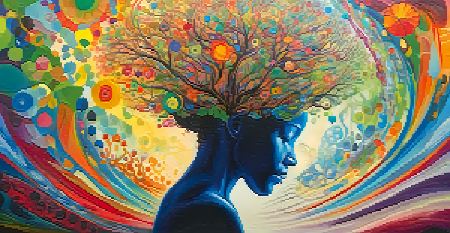 A colorful silhouette of a human head with vibrant colors and abstract shapes representing creativity and insights, surrounded by elements of nature.