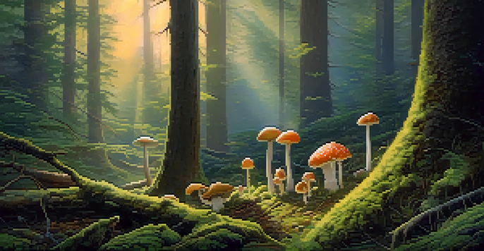 A peaceful forest at dawn with sunlight filtering through trees, illuminating psilocybin mushrooms on moss.