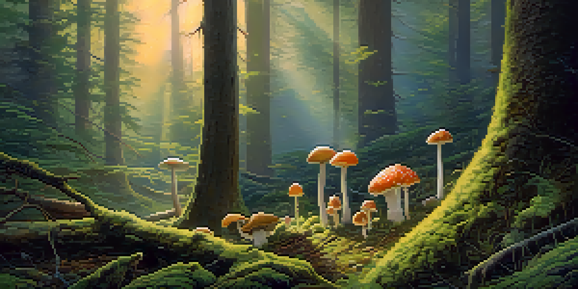 A peaceful forest at dawn with sunlight filtering through trees, illuminating psilocybin mushrooms on moss.