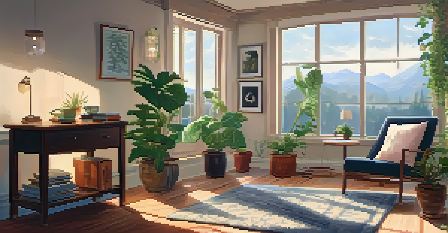 A cozy room with a person journaling on a rug surrounded by plants and warm lighting.