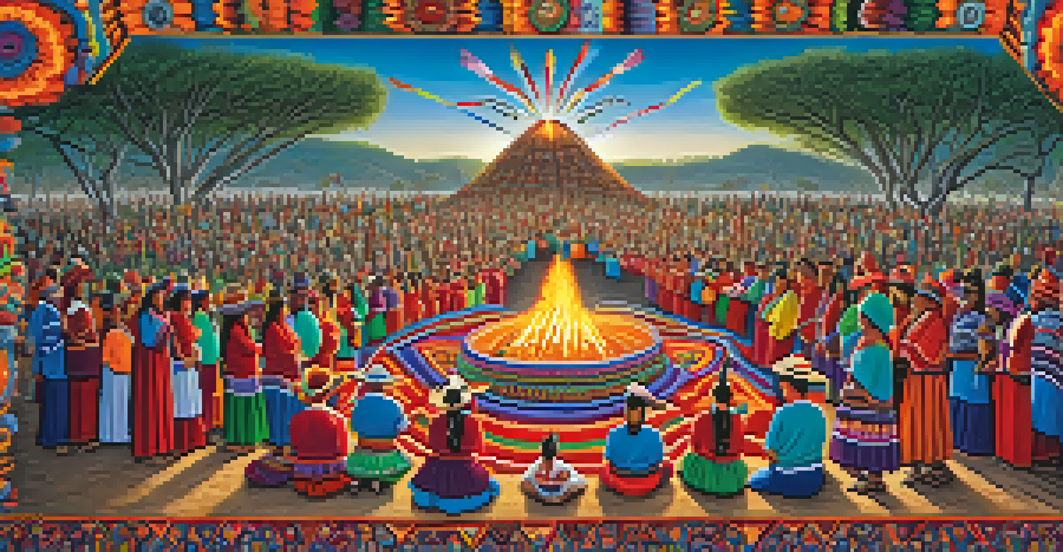 The Huichol people in traditional clothing participating in a colorful peyote ritual, surrounded by decorations and a ceremonial fire.