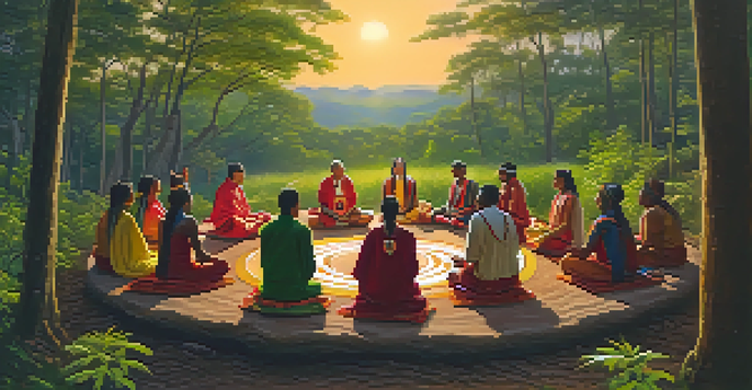 A peaceful Indigenous ceremony in a forest with participants in traditional clothing and a central figure holding a sacred plant, illuminated by the warm setting sun.
