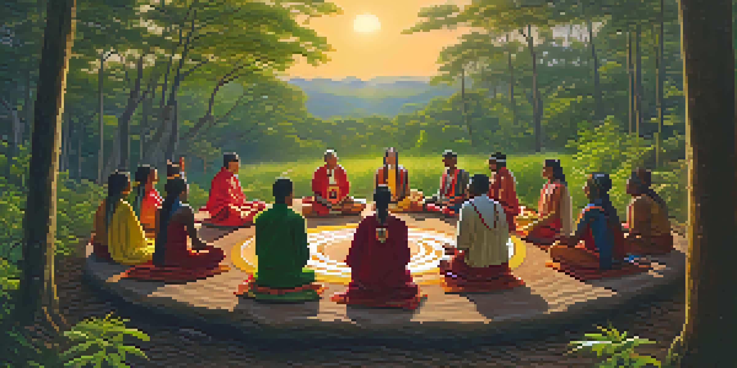 A peaceful Indigenous ceremony in a forest with participants in traditional clothing and a central figure holding a sacred plant, illuminated by the warm setting sun.
