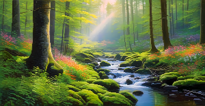A peaceful forest scene with fog, sunlight filtering through trees, and a stream running through vibrant moss and flowers.