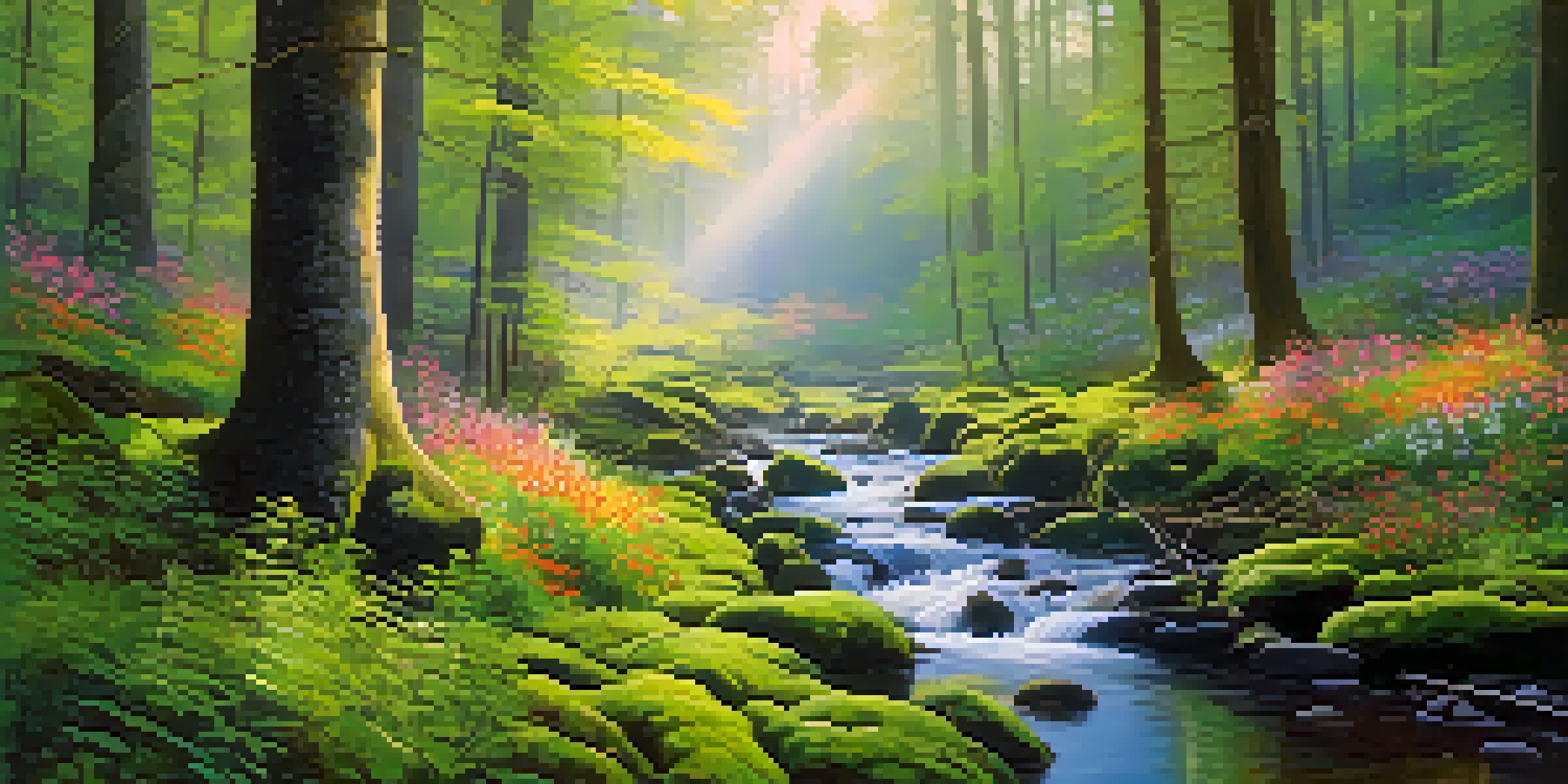 A peaceful forest scene with fog, sunlight filtering through trees, and a stream running through vibrant moss and flowers.