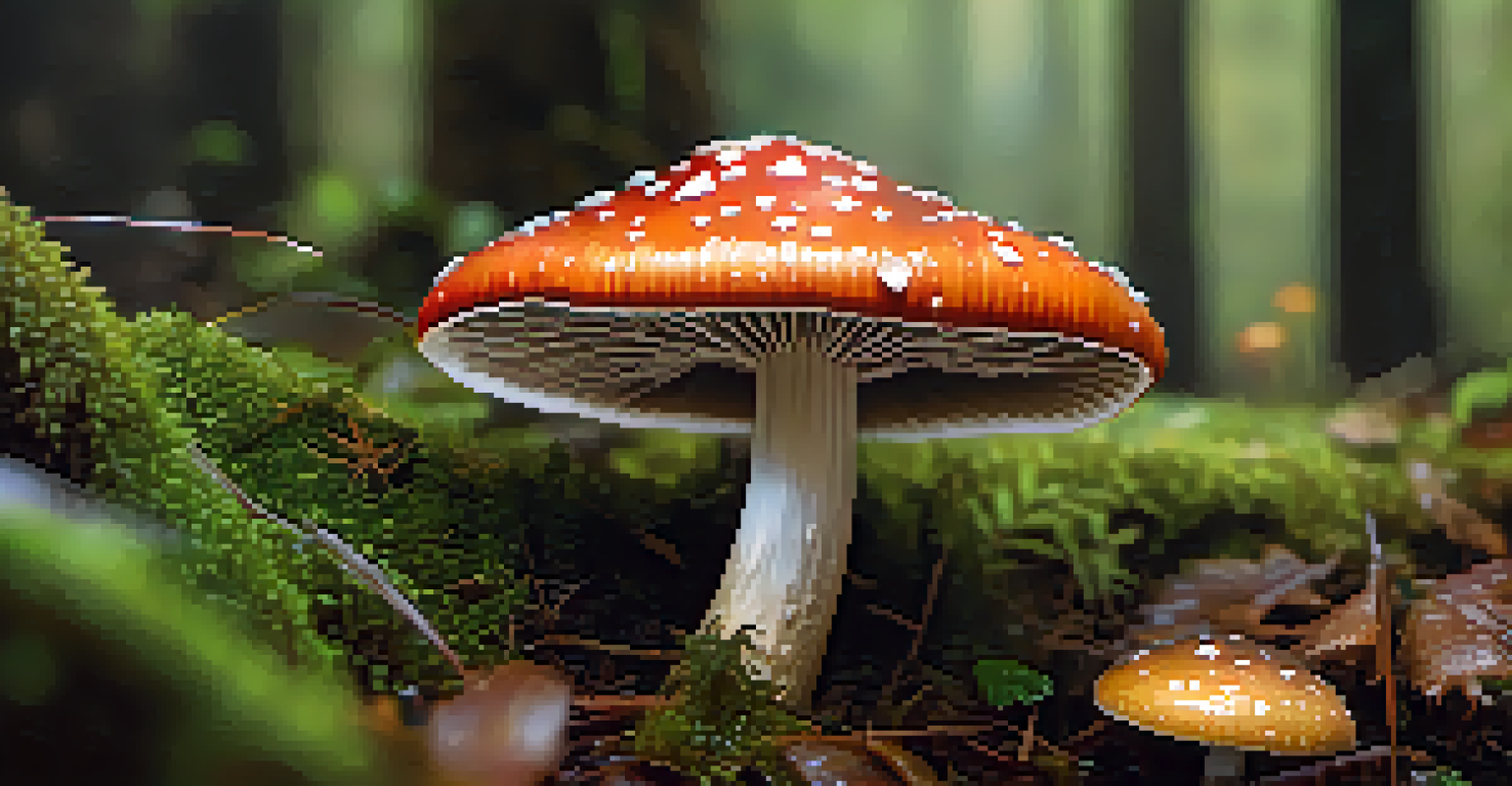 A close-up of a psilocybin mushroom in a lush forest, showcasing its dewy cap, surrounded by moss and leaves, with soft light enhancing the textures.