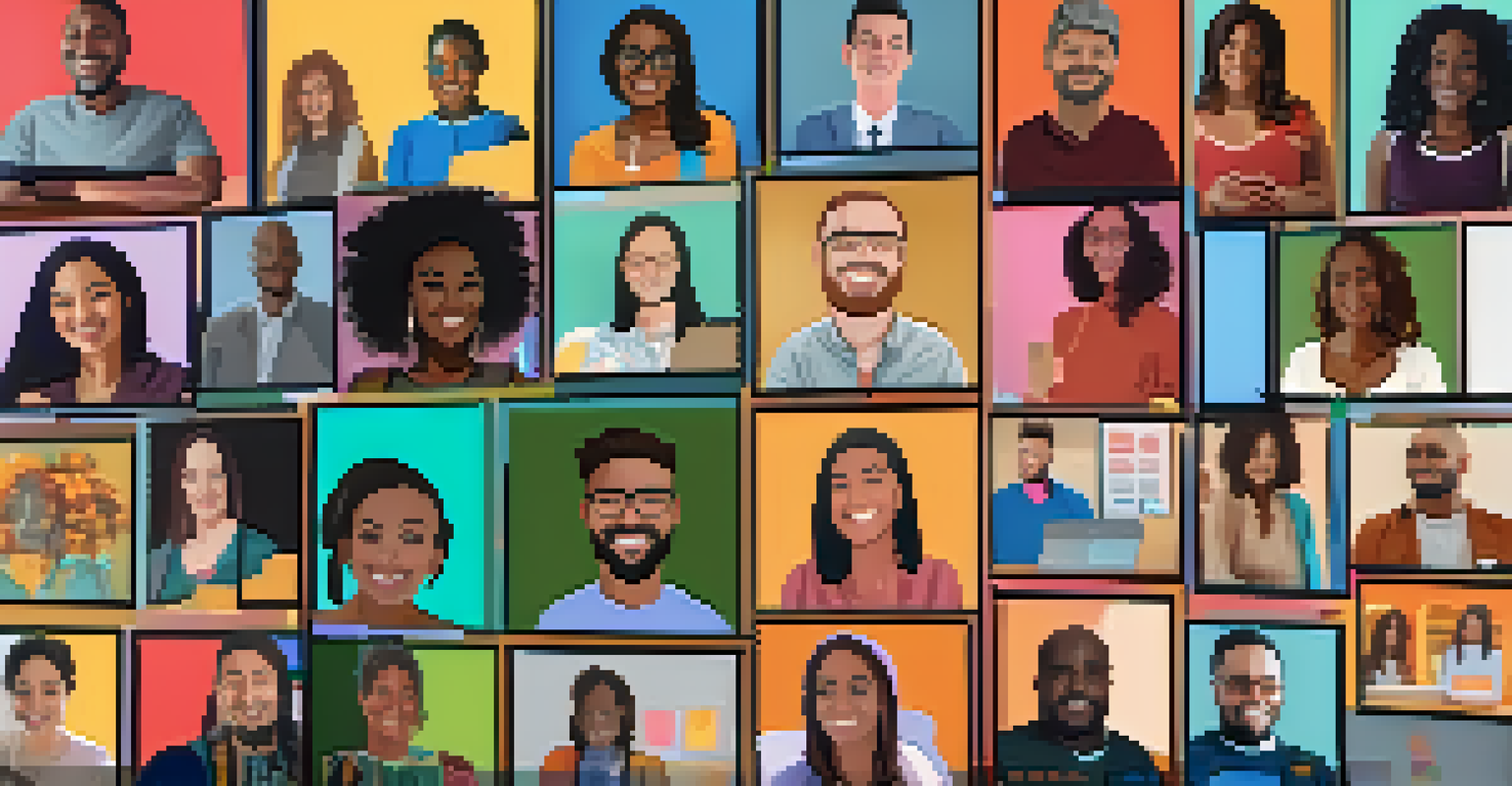 An online meeting with a diverse group of people on a computer screen discussing mental health, with supportive messages visible in a chat window.