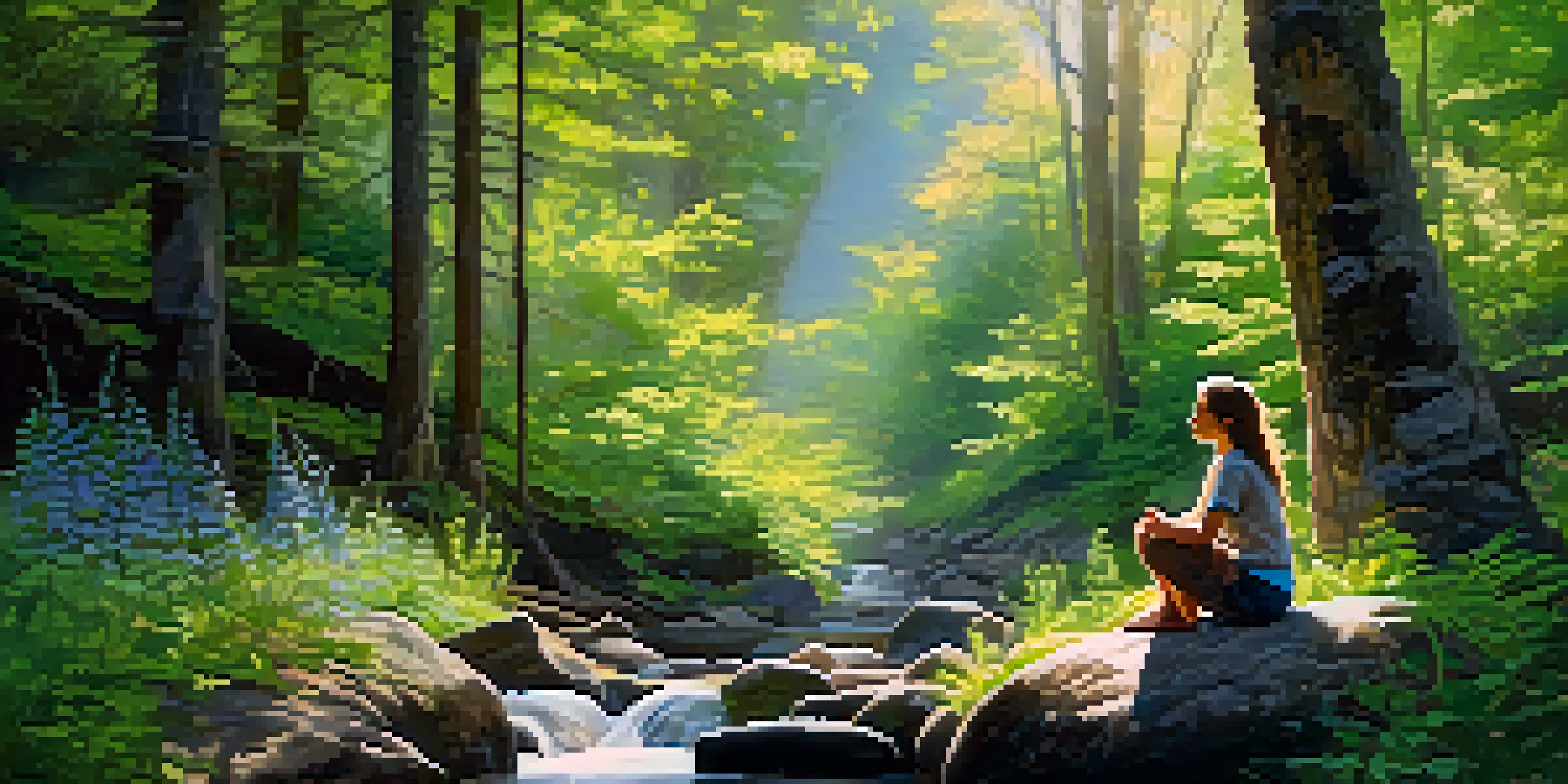 A peaceful forest scene with sunlight filtering through leaves, a creek, and a person meditating on a rock.