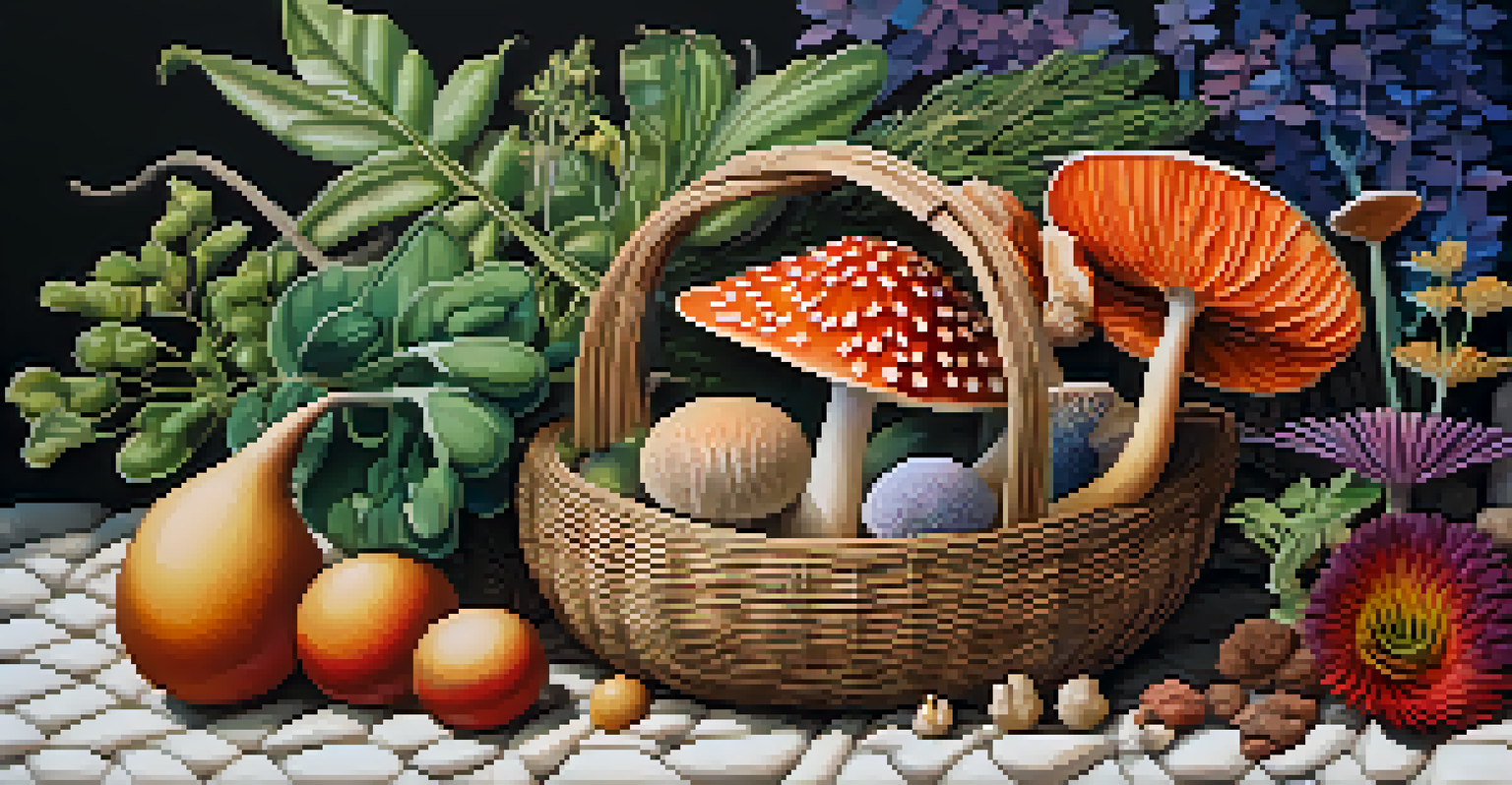 A woven basket filled with traditional entheogenic plants and fungi, set against a warm gradient background.