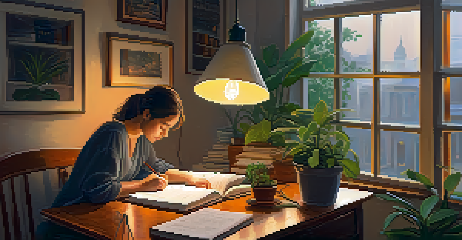 A person journaling by a window in a cozy indoor setting with plants and rain outside.