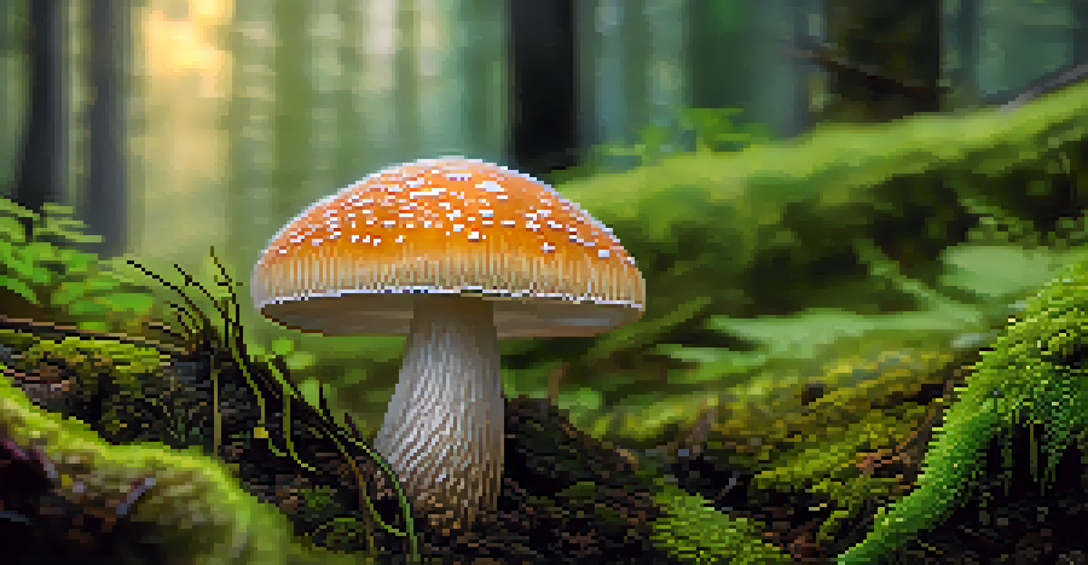 A close-up view of a psilocybin mushroom surrounded by green moss, with dew glistening on its cap, illuminated by soft light.