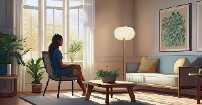 A therapy room with soft lighting, a couch, a therapist listening to a reflective client, and plants.