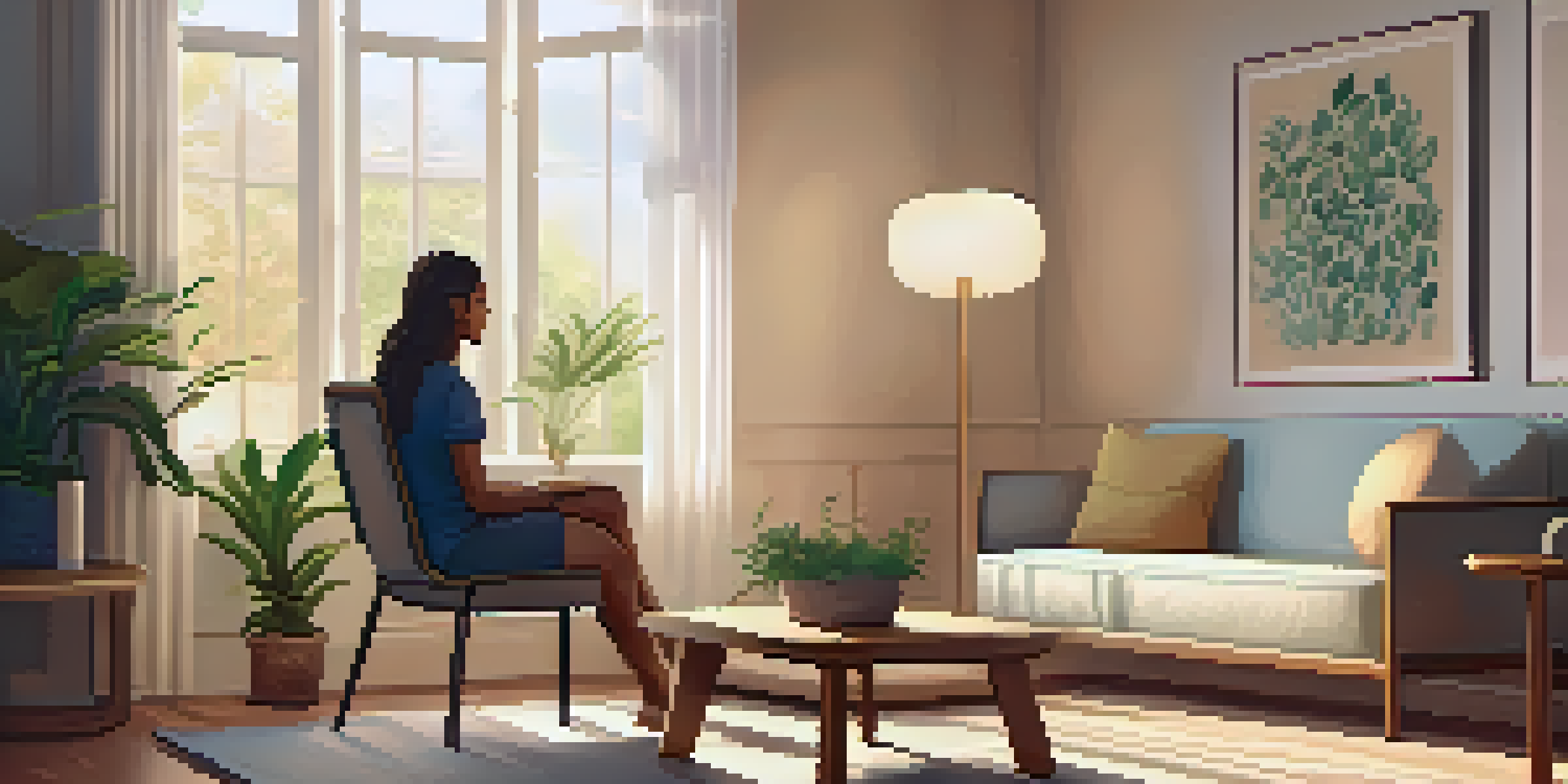 A therapy room with soft lighting, a couch, a therapist listening to a reflective client, and plants.