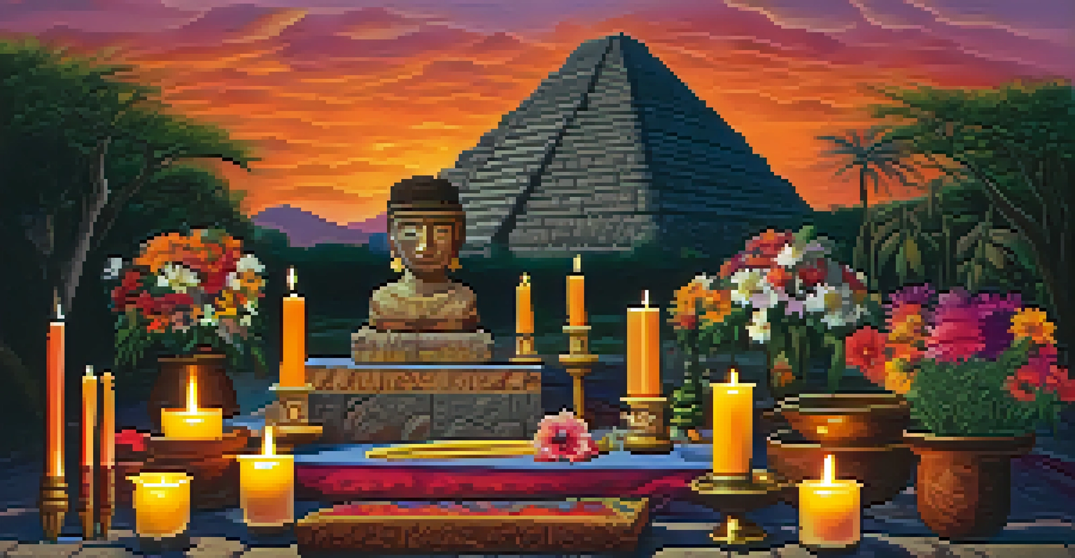 A Mesoamerican altar with flowers and incense, illuminated by candles, in front of ancient stone pyramids at twilight.