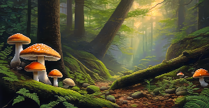 A tranquil forest at dawn with golden light filtering through leaves, showcasing a cluster of colorful mushrooms among moss and rocks.