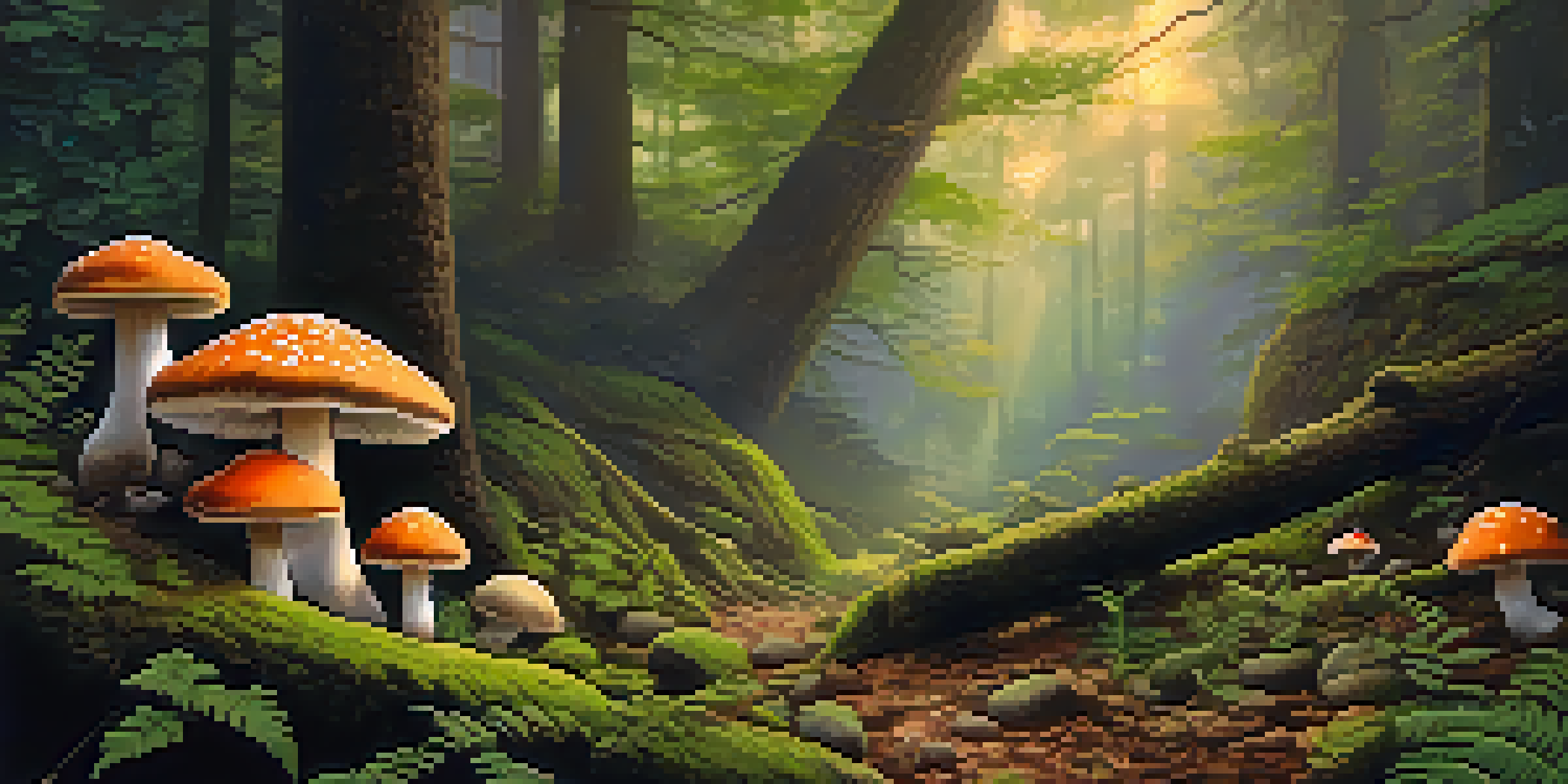A tranquil forest at dawn with golden light filtering through leaves, showcasing a cluster of colorful mushrooms among moss and rocks.