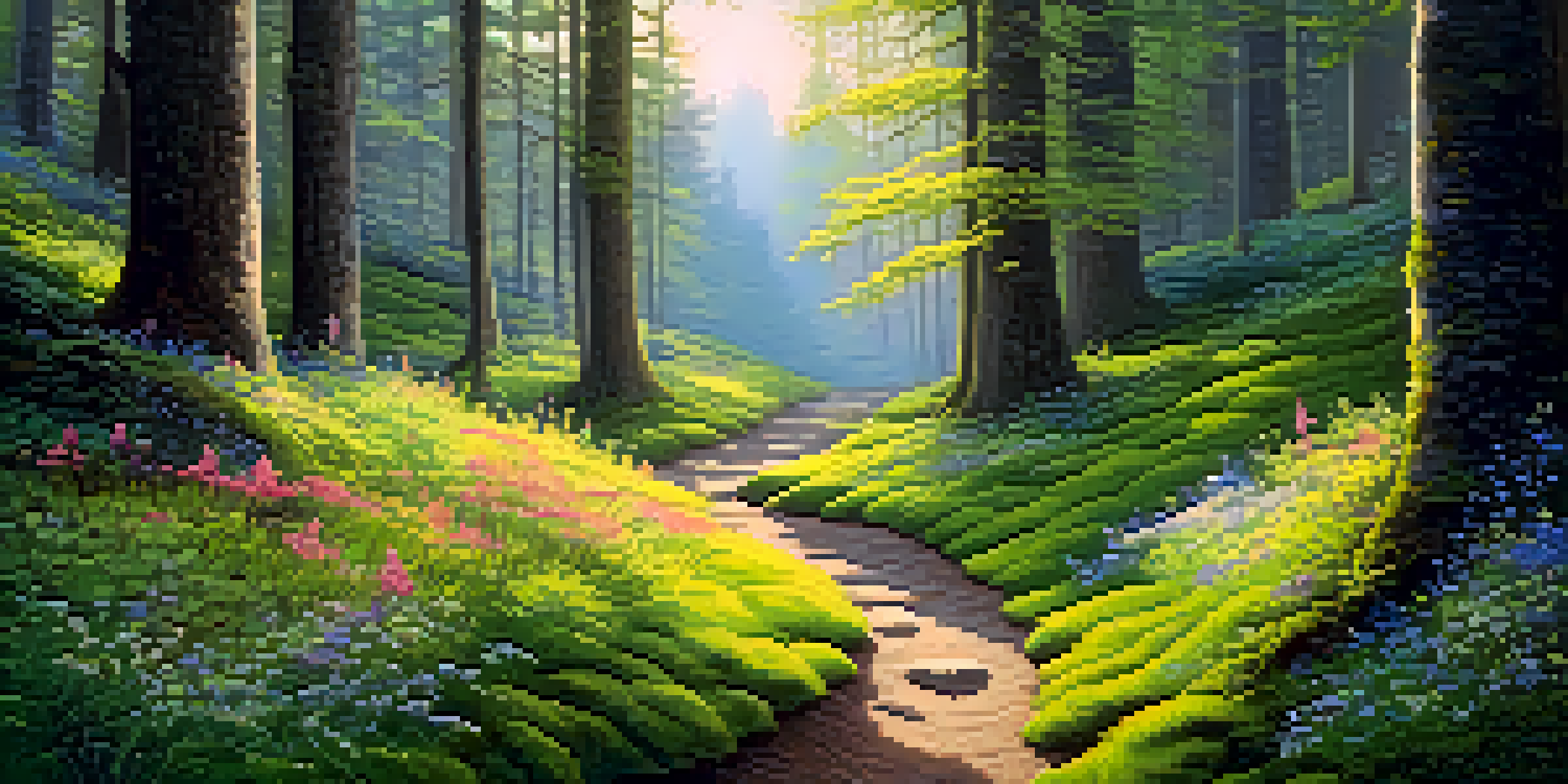 A peaceful forest scene with sunlight filtering through trees, green moss, and blooming wildflowers in the foreground.