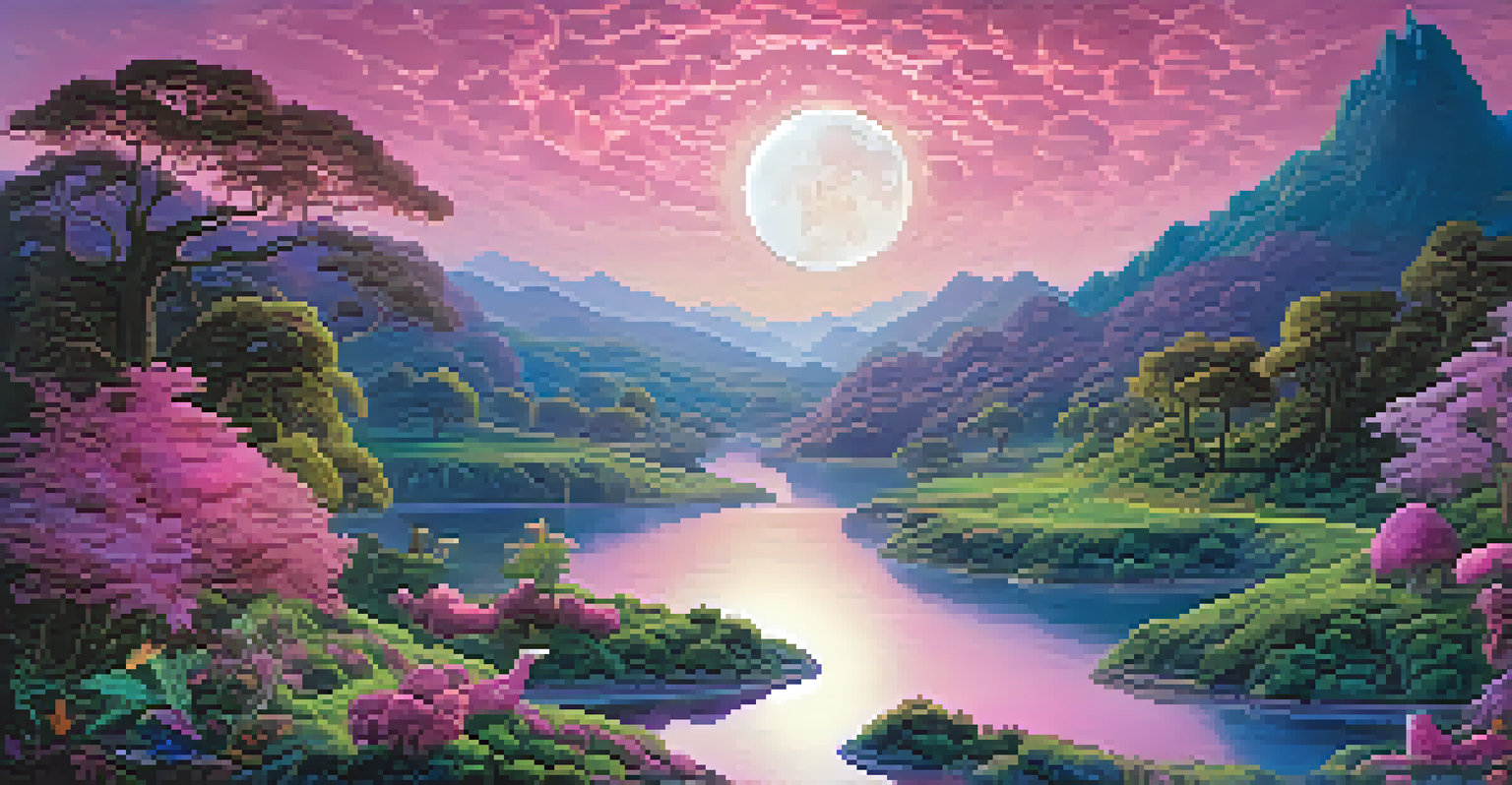 A surreal dreamlike landscape with a winding river, mythical creatures, and a luminous moon, with dream symbols floating above the water.