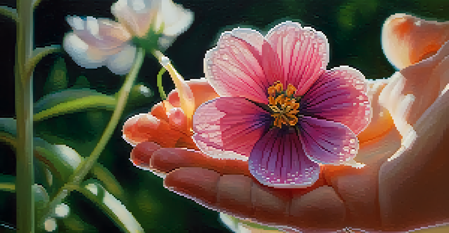 A close-up of a hand holding a blooming flower with sunlight catching dew drops.