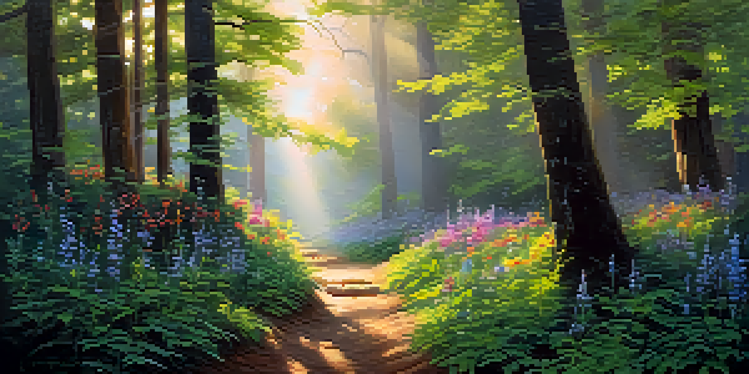 A peaceful forest with colorful wildflowers and sunlight filtering through the trees, creating a calm atmosphere.
