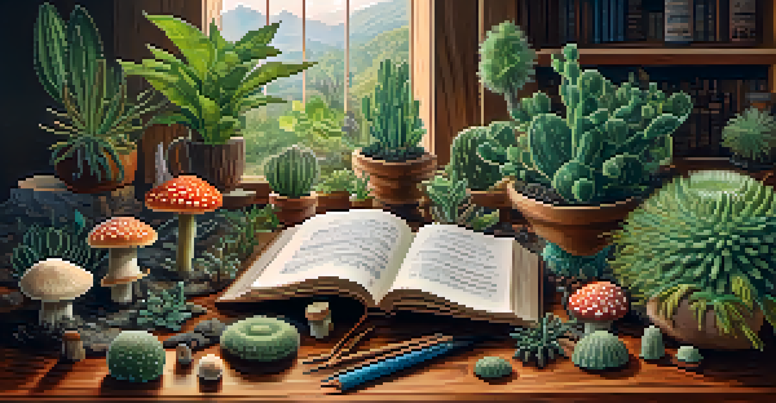 A collection of entheogenic plants on a wooden table with a journal and tea.