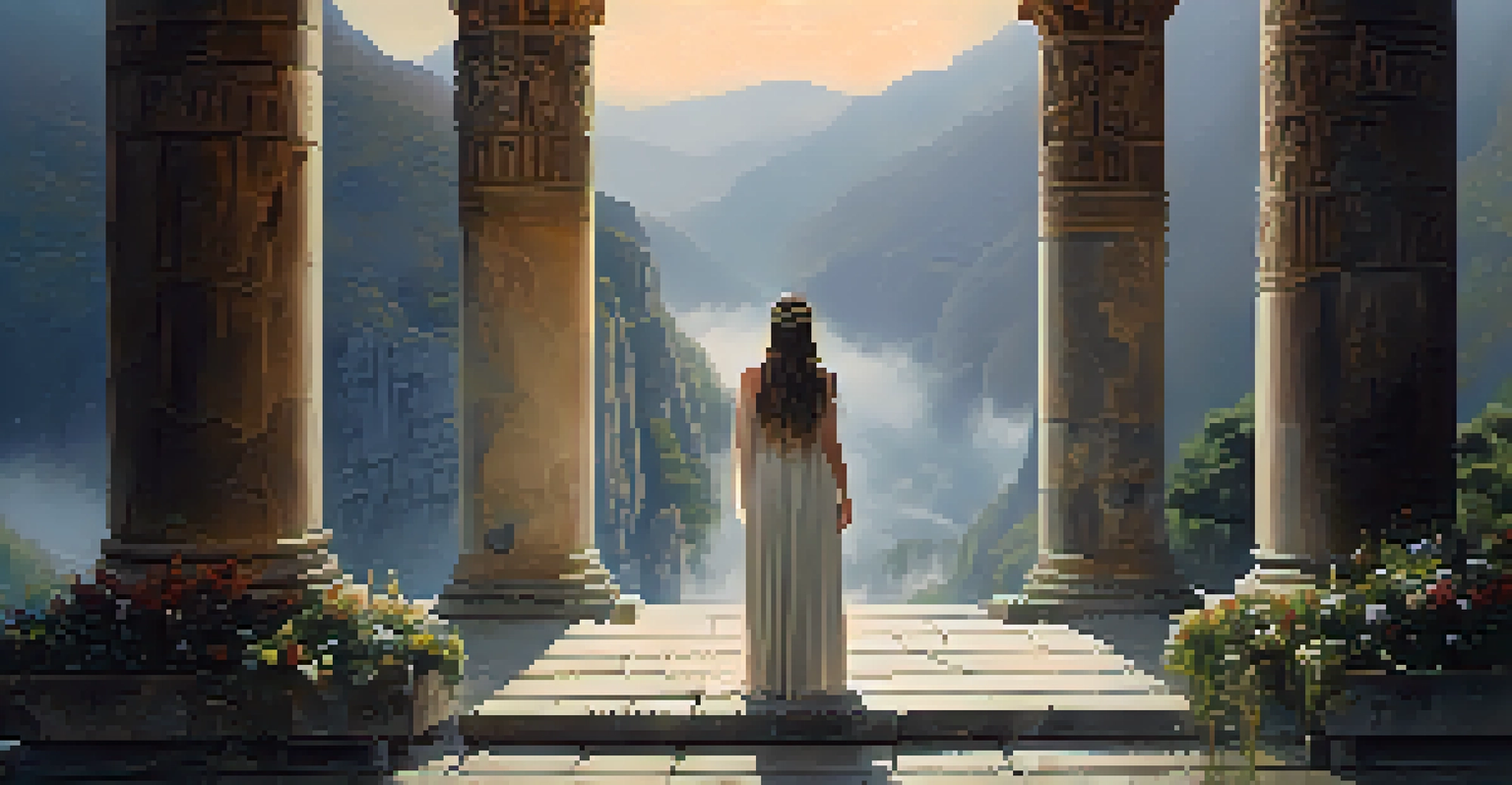 A mystical depiction of a priestess at the Oracle of Delphi in a trance, surrounded by mist and ancient stone structures, with flowers entwined around columns.