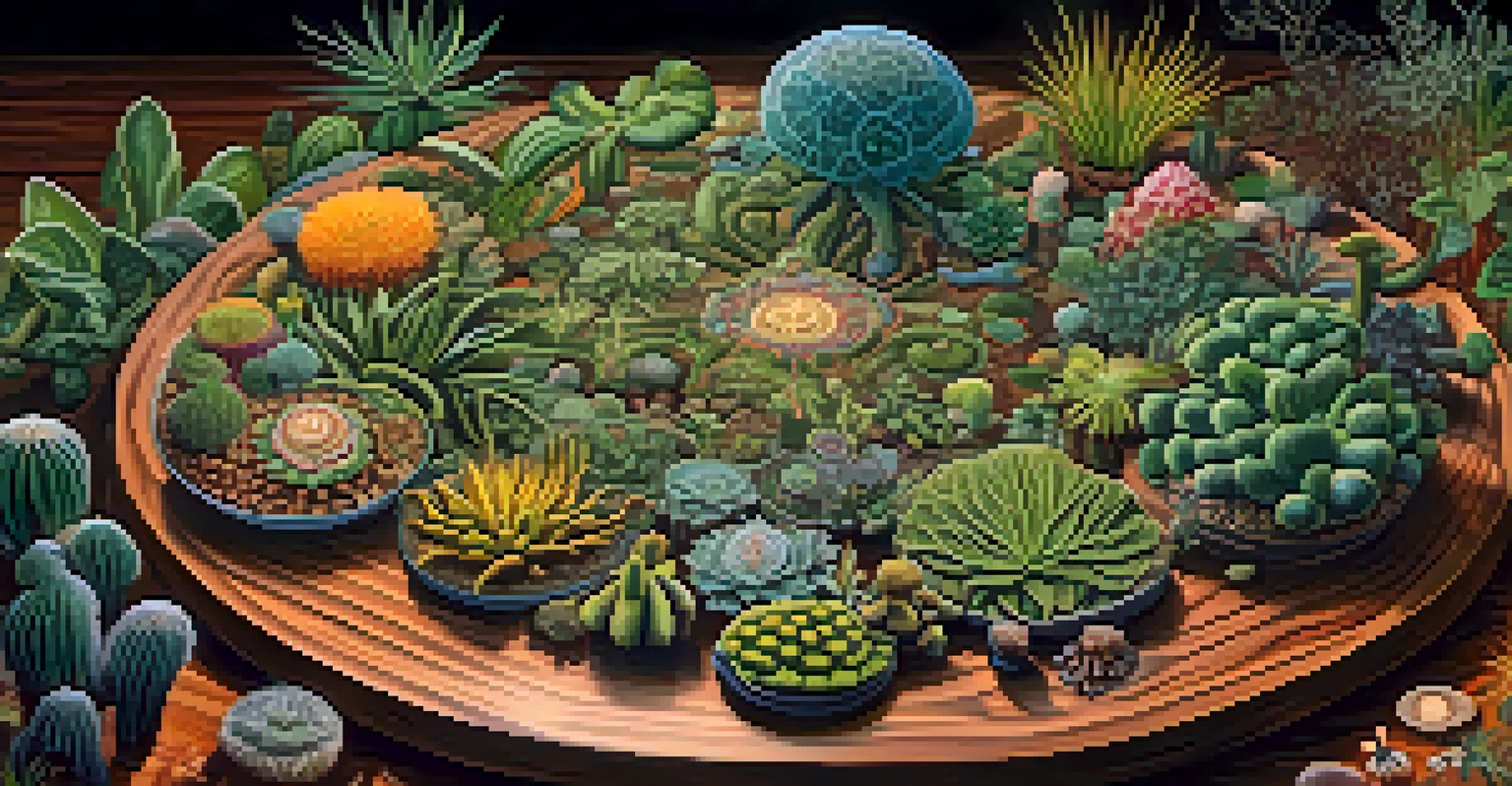A circular arrangement of entheogenic plants on a wooden table, including mushrooms, vines, and cacti.