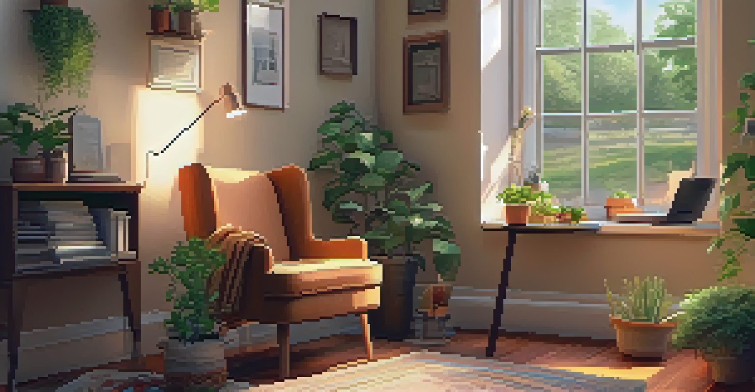 A warm and inviting room with a comfortable chair and a small table with a journal and tea, creating a space for introspection and healing.