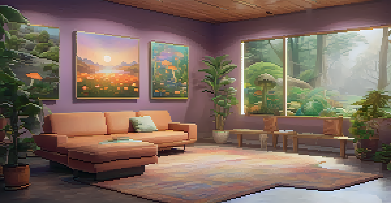 A cozy therapy room with comfortable seating, soft lighting, and natural decor, designed for psychedelic therapy.