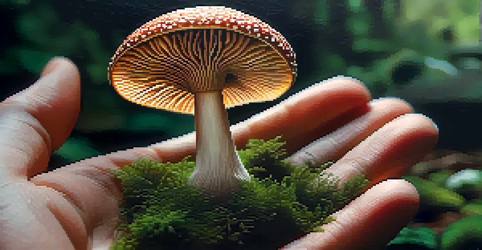 A close-up of a hand holding a psilocybin mushroom in a natural setting with blurred green foliage.