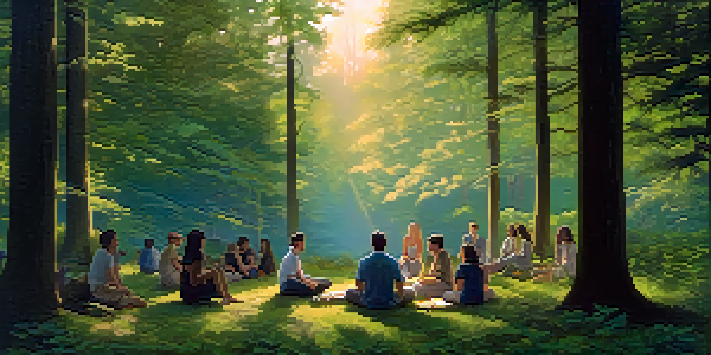 A tranquil forest clearing at twilight where a diverse group of individuals are engaged in a reflective conversation, surrounded by lush greenery.