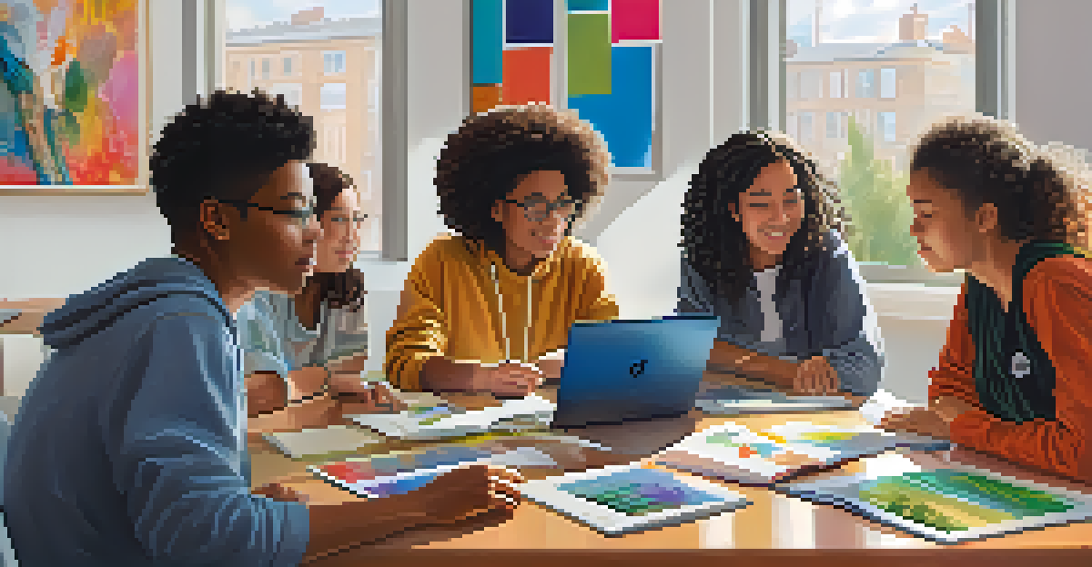 A diverse group of students working together at a table, discussing ideas with books and laptops in a bright classroom.