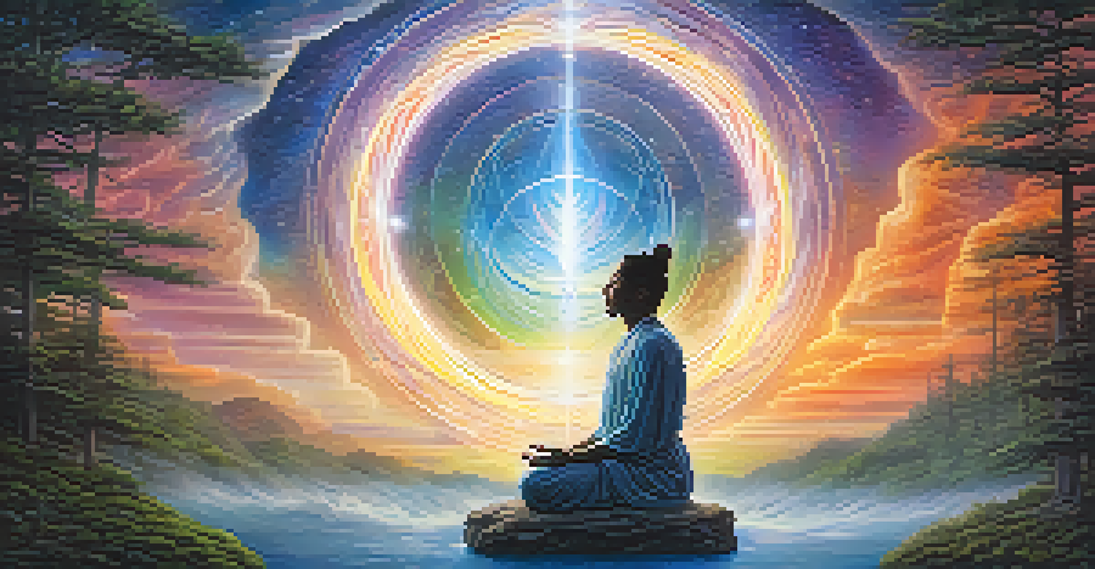 A meditative figure in nature surrounded by glowing celestial elements, representing Soma and spiritual enlightenment.