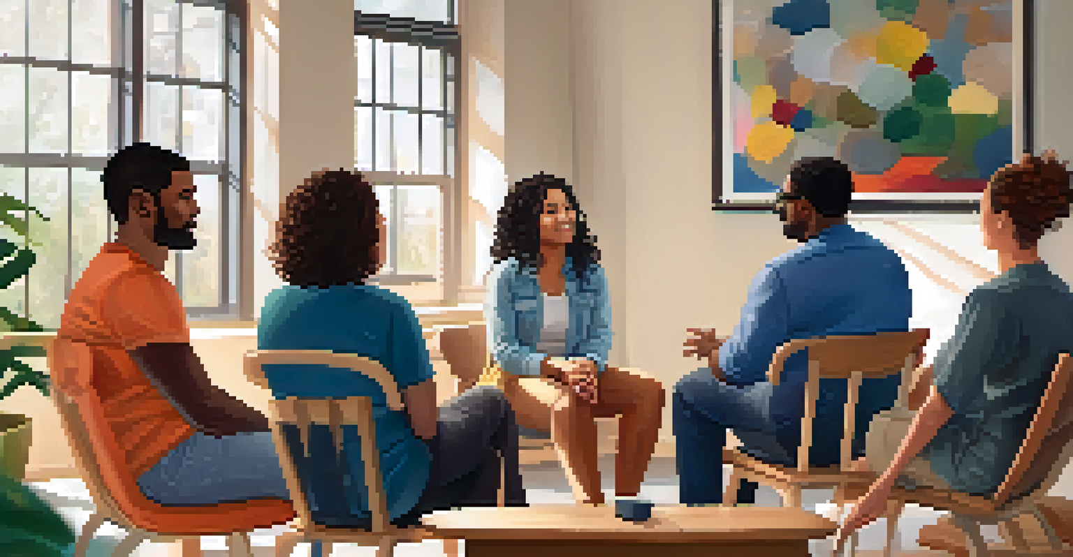 A supportive therapy session with diverse individuals seated in a circle, expressing emotions with a therapist guiding the discussion in a warm environment.