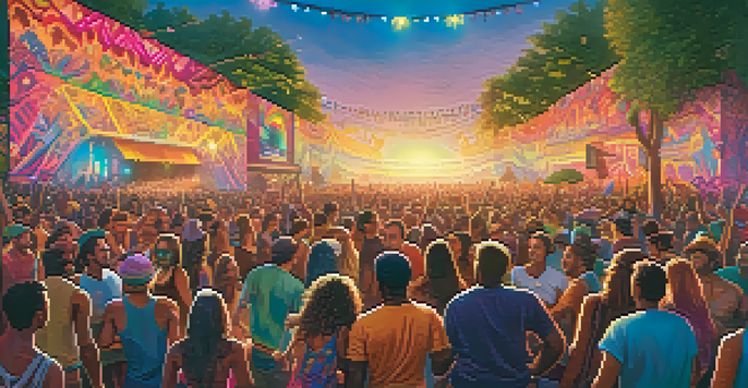 A lively music festival at sunset with a diverse crowd dancing and colorful lights illuminating the stage.