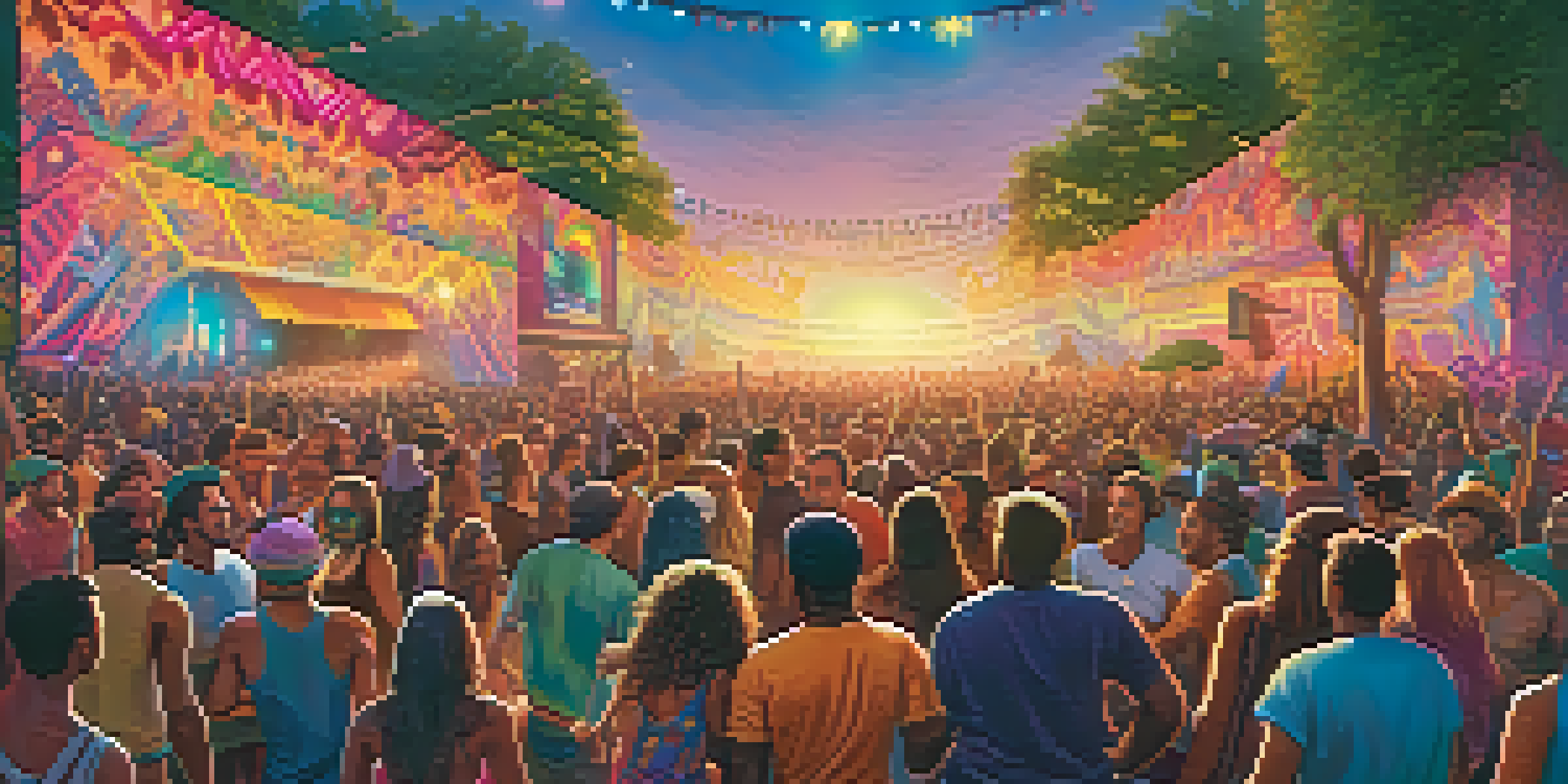 A lively music festival at sunset with a diverse crowd dancing and colorful lights illuminating the stage.