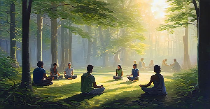 A tranquil forest at dawn with diverse individuals meditating in a circle, surrounded by lush greenery and soft golden light.