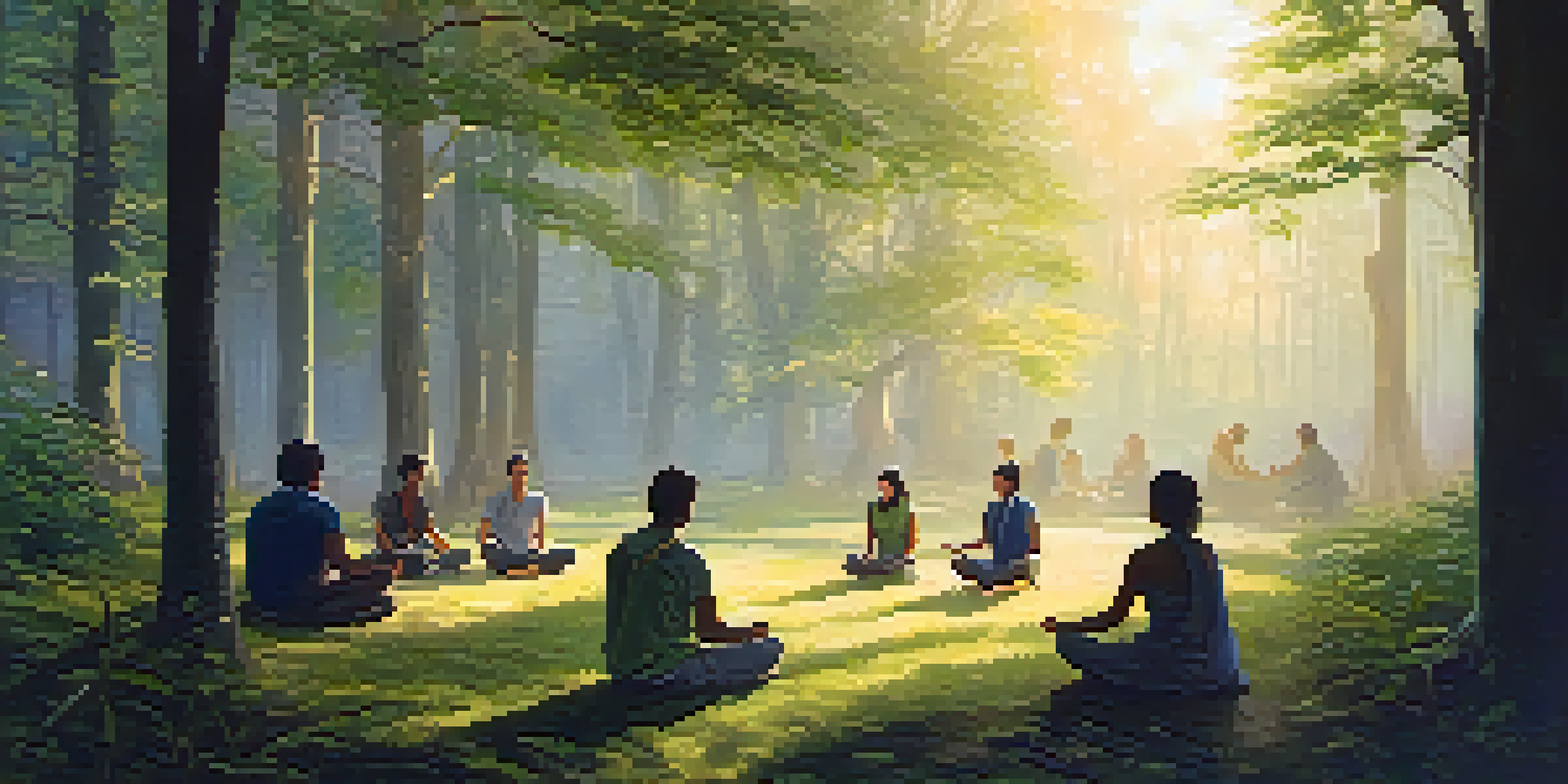 A tranquil forest at dawn with diverse individuals meditating in a circle, surrounded by lush greenery and soft golden light.